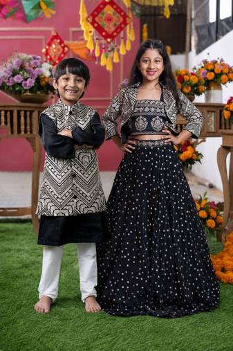 Black mirror work & embroidered silk lehenga choli & kurta jacket brother sister matching combo