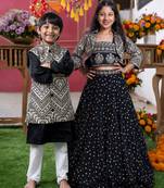 Black mirror work & embroidered silk lehenga choli & kurta jacket brother sister matching combo