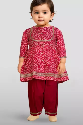 Red & black bandhani & printed cotton kurta patiala set & kurta jacket brother sister matching combo