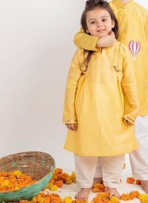 Yellow solid & embroidered cotton kurta set & kurta pant brother sister matching combo 2