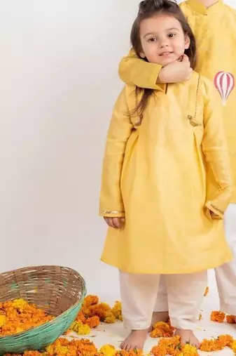 Yellow solid & embroidered cotton kurta set & kurta pant brother sister matching combo