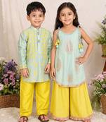 Sea green & mint green embroidered silk kurta set & kurta pant brother sister matching combo