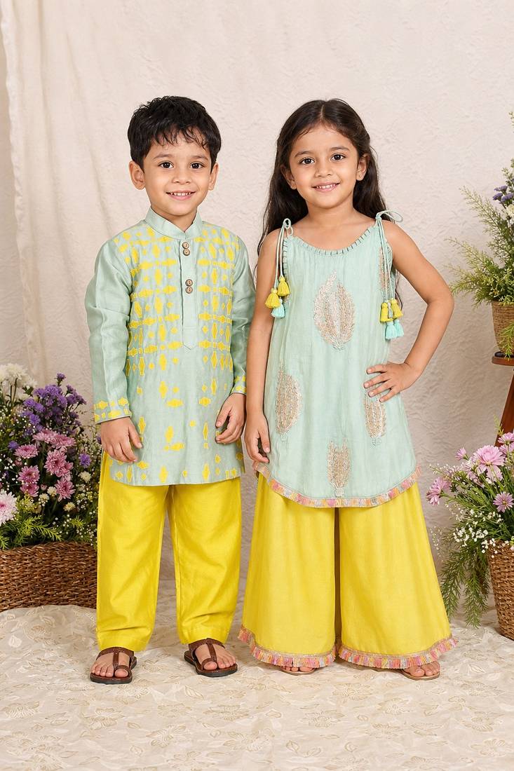 Sea green & mint green embroidered silk kurta set & kurta pant brother sister matching combo