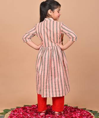 Peach printed cotton ethnic set & kurta pant brother sister matching combo 2