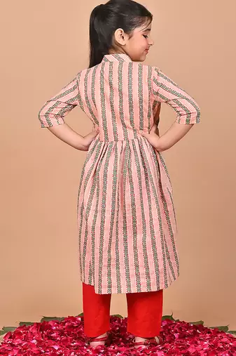 Peach printed cotton ethnic set & kurta pant brother sister matching combo