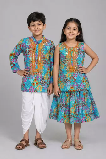 Blue embroidered & mirror work cotton silk sharara set & dhoti kurta brother sister matching combo