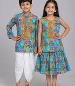 Blue embroidered & mirror work cotton silk sharara set & dhoti kurta brother sister matching combo