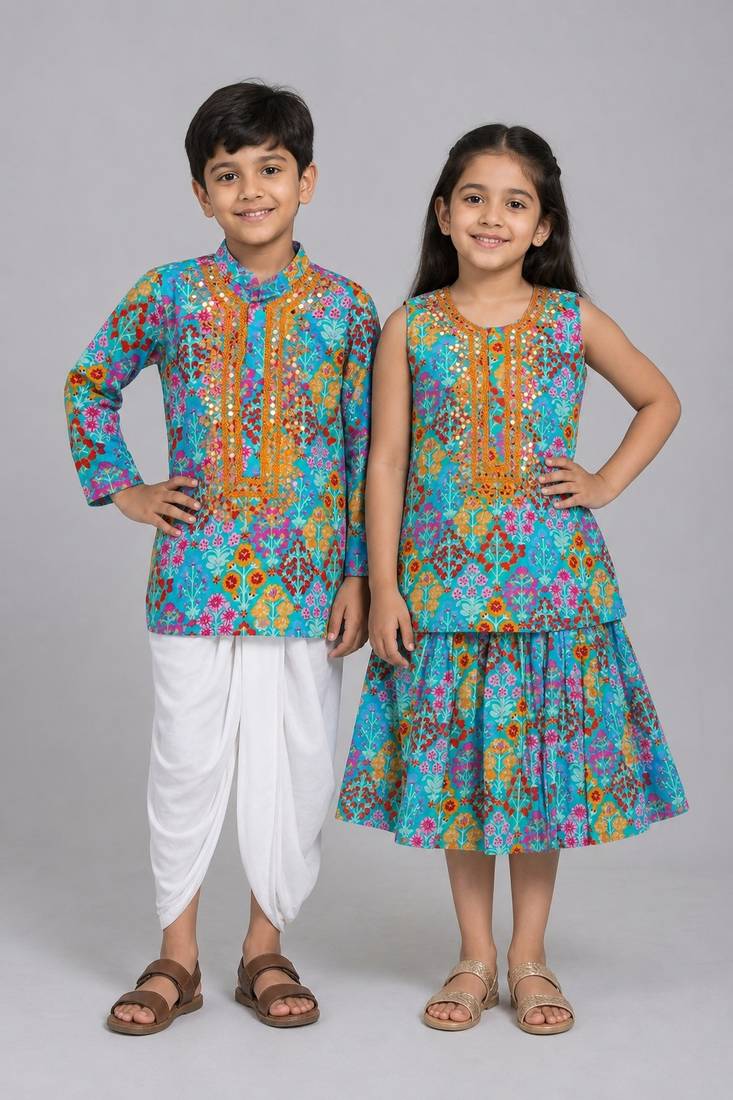 Blue embroidered & mirror work cotton silk sharara set & dhoti kurta brother sister matching combo