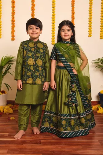 Green idika handwoven cotton lehenga choli & kurta jacket brother sister matching combo