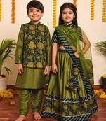 Green idika handwoven cotton lehenga choli & kurta jacket brother sister matching combo