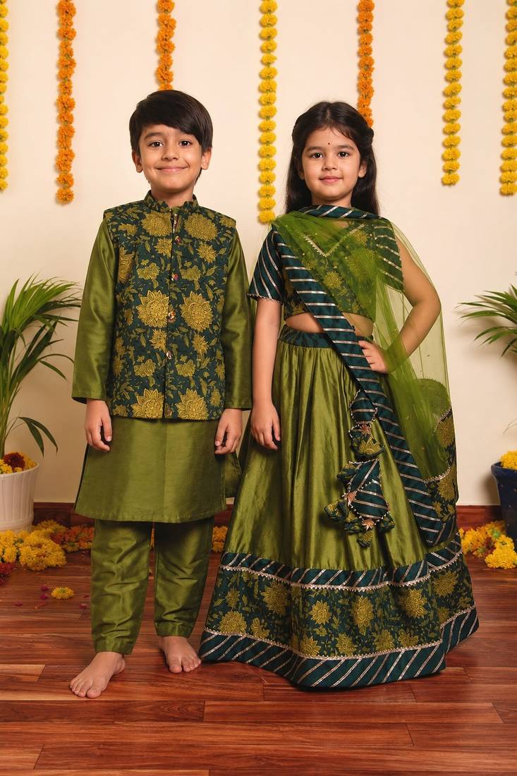 Green idika handwoven cotton lehenga choli & kurta jacket brother sister matching combo
