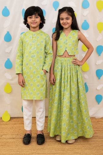 Green embroidered cotton co-ord set & kurta pyjama brother sister matching combo