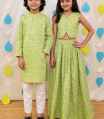 Green embroidered cotton co-ord set & kurta pyjama brother sister matching combo