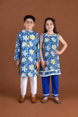 Royal blue block printed cotton kurta set & kurta pant brother sister matching combo 1
