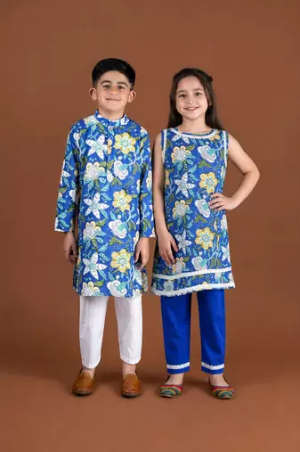 Royal blue block printed cotton kurta set & kurta pant brother sister matching combo