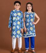 Royal blue block printed cotton kurta set & kurta pant brother sister matching combo