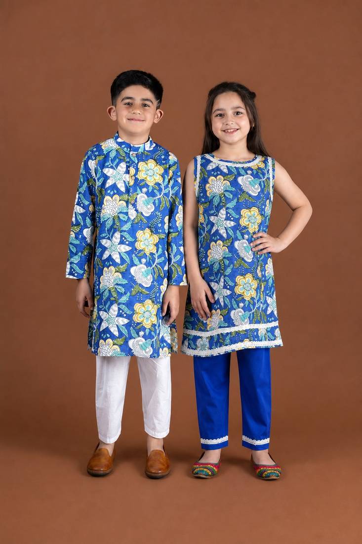 Royal blue block printed cotton kurta set & kurta pant brother sister matching combo