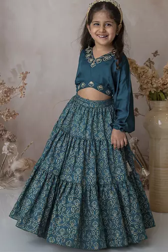 Blue handwoven cotton lehenga choli & kurta pyjama brother sister matching combo