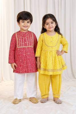Yellow & red bandhani cotton kurta patiala set & kurta pyjama brother sister matching combo 1