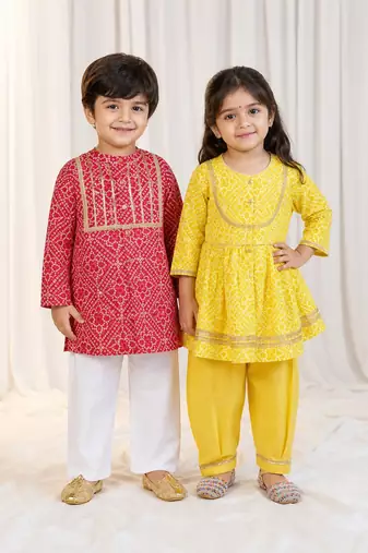 Yellow & red bandhani cotton kurta patiala set & kurta pyjama brother sister matching combo