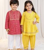 Yellow & red bandhani cotton kurta patiala set & kurta pyjama brother sister matching combo