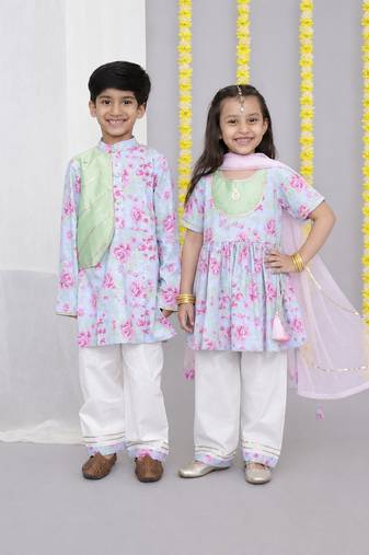 Pink & rose printed cotton kurta set & kurta pant brother sister matching combo
