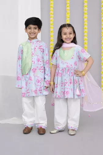 Pink & rose printed cotton kurta set & kurta pant brother sister matching combo