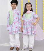 Pink & rose printed cotton kurta set & kurta pant brother sister matching combo