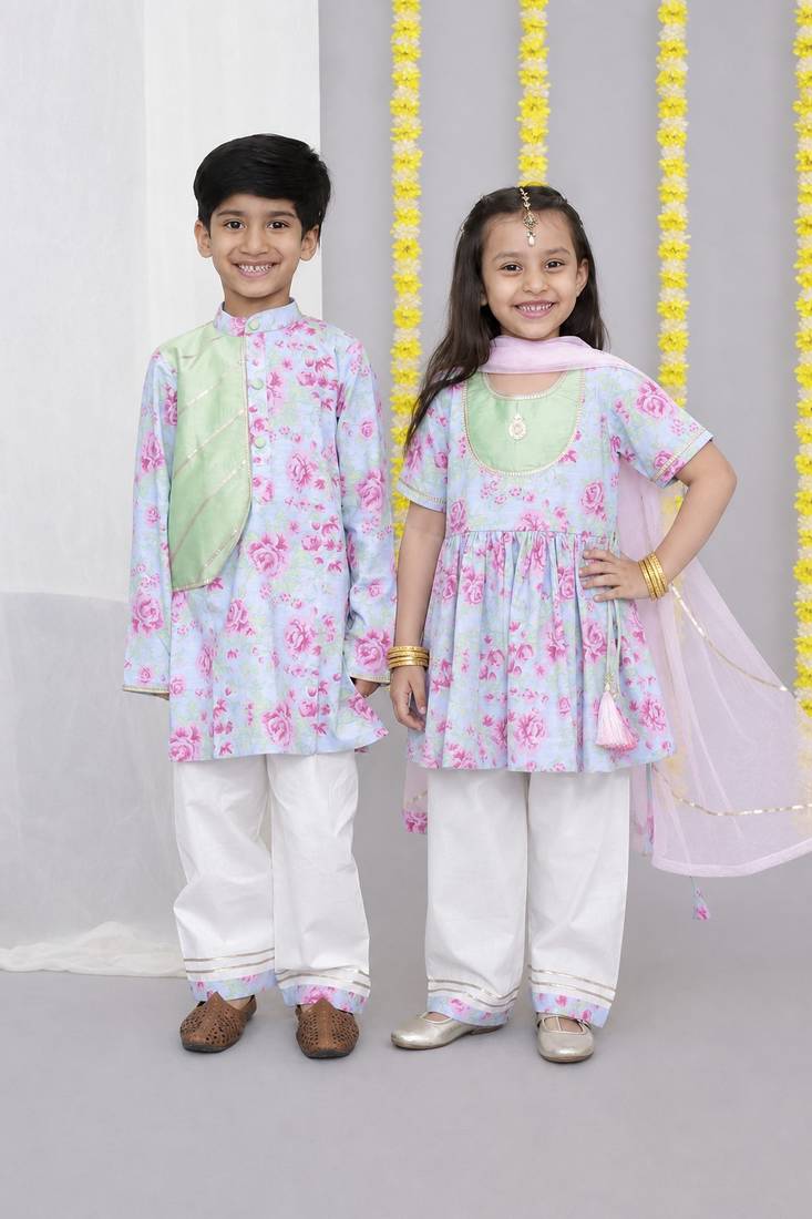 Pink & rose printed cotton kurta set & kurta pant brother sister matching combo