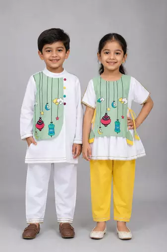 Green & white embroidered & printed cotton silk frock & kurta pyjama brother sister matching combo