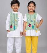 Green & white embroidered & printed cotton silk frock & kurta pyjama brother sister matching combo