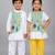Green & white embroidered & printed cotton silk frock & kurta pyjama brother sister matching combo
