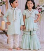 Sea green & blue embroidered silk sharara set & kurta pyjama brother sister matching combo