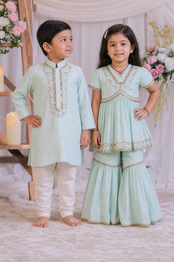 Sea green & blue embroidered silk sharara set & kurta pyjama brother sister matching combo