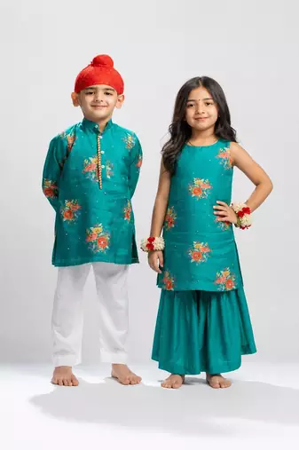 Green printed cotton sharara set & kurta pant brother sister matching combo