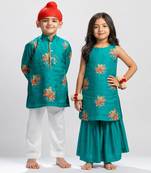 Green printed cotton sharara set & kurta pant brother sister matching combo