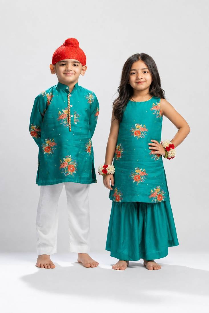 Green printed cotton sharara set & kurta pant brother sister matching combo