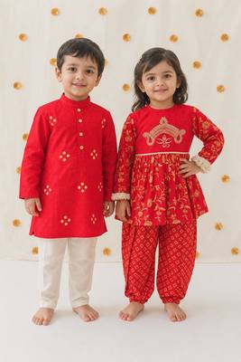 Red embroidered cotton kurta salwar set & kurta pant brother sister matching combo 1