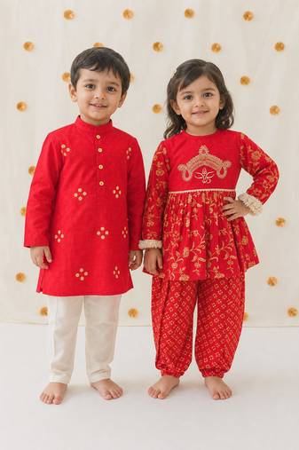 Red embroidered cotton kurta salwar set & kurta pant brother sister matching combo