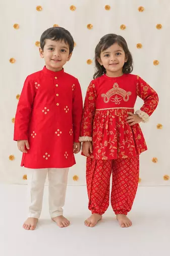 Red embroidered cotton kurta salwar set & kurta pant brother sister matching combo