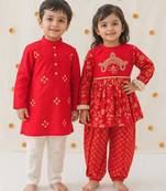 Red embroidered cotton kurta salwar set & kurta pant brother sister matching combo