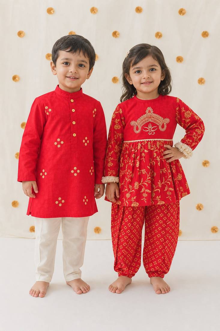 Red embroidered cotton kurta salwar set & kurta pant brother sister matching combo