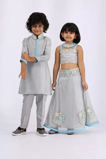 Grey embroidered & solid cotton silk lehenga choli & kurta pant brother sister matching combo