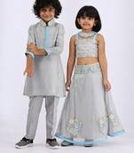 Grey embroidered & solid cotton silk lehenga choli & kurta pant brother sister matching combo