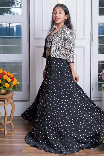 Black mirror work & embroidered silk lehenga choli & kurta jacket brother sister matching combo