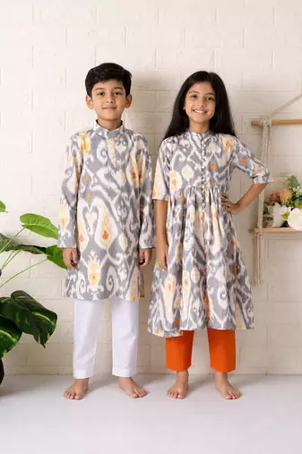 Grey ikat cotton kurta set & kurta pant brother sister matching combo