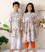 Grey ikat cotton kurta set & kurta pant brother sister matching combo