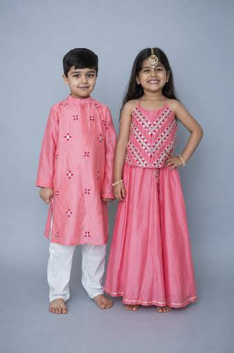 Pink handwoven cotton lehenga choli & kurta pyjama brother sister matching combo