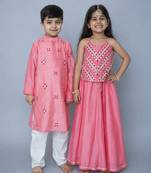 Pink handwoven cotton lehenga choli & kurta pyjama brother sister matching combo