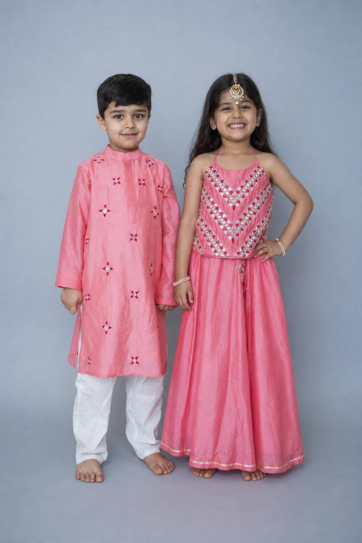 Pink handwoven cotton lehenga choli & kurta pyjama brother sister matching combo